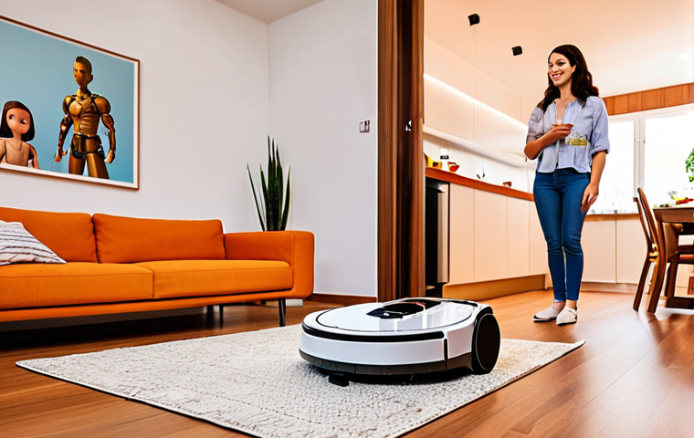**Prompt:** A brightly lit, modern Brazilian home interior. A Roborock S7 robot vacuum cleaner is autonomously cleaning hardwood floors. In the background, a family is relaxing, enjoying leisure time freed up by the automated cleaning. Focus on the convenience and improved lifestyle enabled by domestic robots. Consider a warm, inviting color palette.