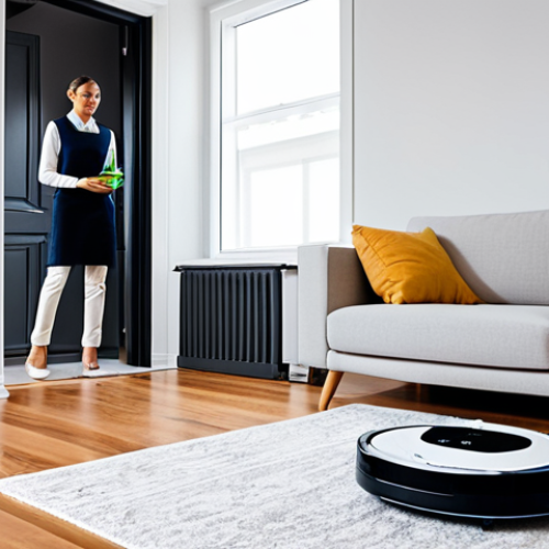 A professional adult, fully clothed in modest, comfortable attire, relaxing on a sofa in a bright, modern living room. A sleek, autonomous robotic vacuum cleaner quietly glides across the polished floor in the foreground, diligently cleaning. The room features minimalist decor, natural light, and a clean, organized aesthetic, emphasizing convenience and advanced home automation. The scene perfectly depicts the benefit of smart home technology in enhancing quality of life. Safe for work, appropriate content, fully clothed, professional dress, perfect anatomy, correct proportions, natural pose, well-formed hands, proper finger count, natural body proportions, professional photography, high quality, sharp focus.