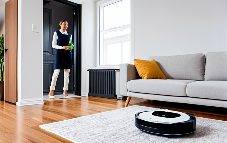 A professional adult, fully clothed in modest, comfortable attire, relaxing on a sofa in a bright, modern living room. A sleek, autonomous robotic vacuum cleaner quietly glides across the polished floor in the foreground, diligently cleaning. The room features minimalist decor, natural light, and a clean, organized aesthetic, emphasizing convenience and advanced home automation. The scene perfectly depicts the benefit of smart home technology in enhancing quality of life. Safe for work, appropriate content, fully clothed, professional dress, perfect anatomy, correct proportions, natural pose, well-formed hands, proper finger count, natural body proportions, professional photography, high quality, sharp focus.