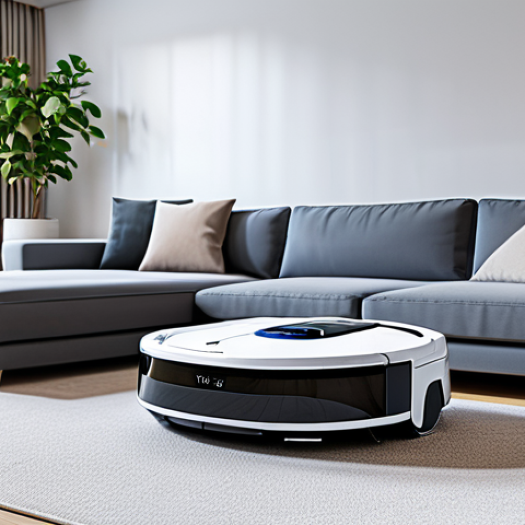 "A modern living room with a robot vacuum cleaner autonomously navigating around furniture, fully clothed, appropriate content, safe for work, professional, perfect anatomy, natural proportions, bright and clean setting."
