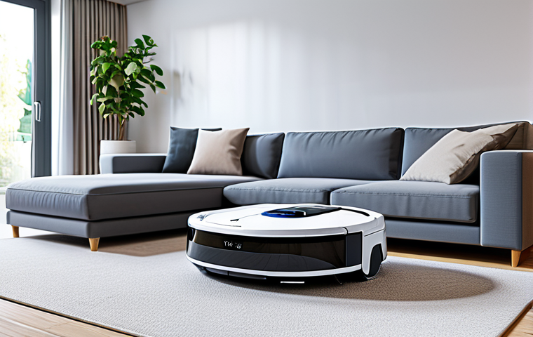 "A modern living room with a robot vacuum cleaner autonomously navigating around furniture, fully clothed, appropriate content, safe for work, professional, perfect anatomy, natural proportions, bright and clean setting."