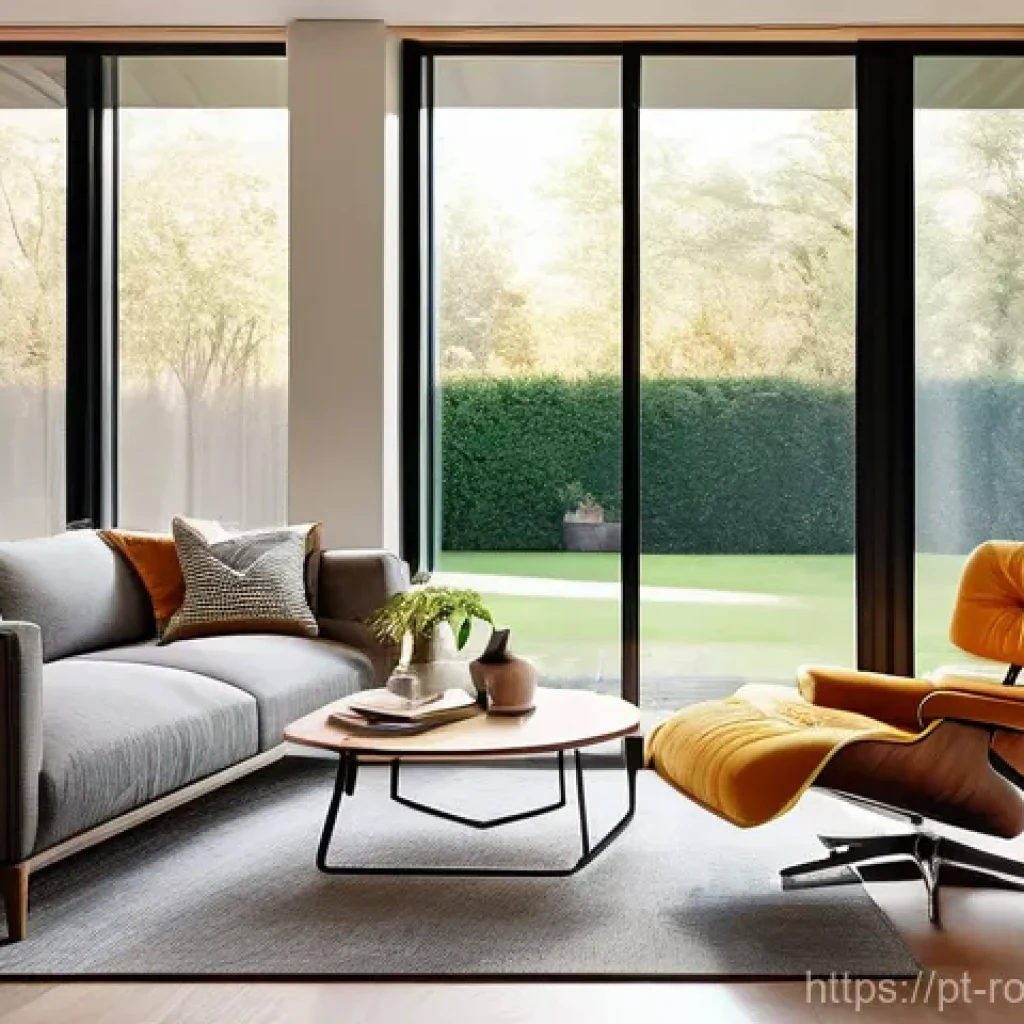 스마트 가전과 로봇의 융합 - **"Cozy Morning Automation":** A vibrant, well-lit modern living room on a sunny morning. A relaxed ...