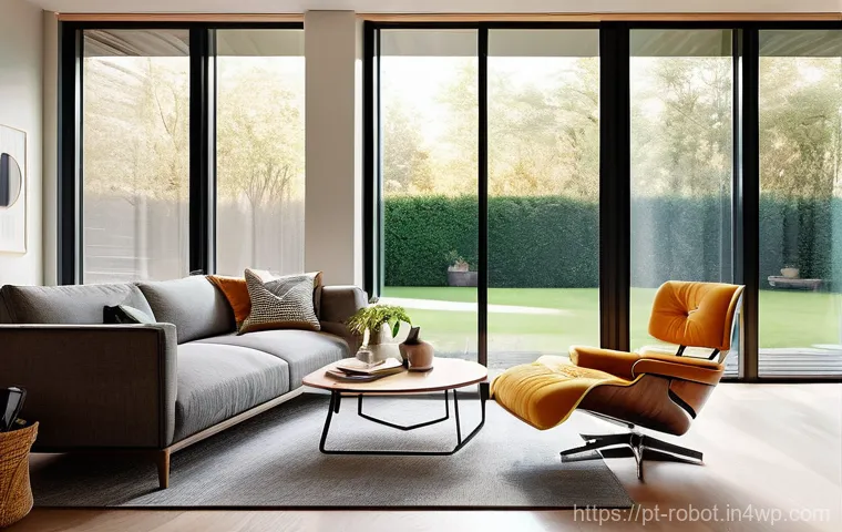 스마트 가전과 로봇의 융합 - **"Cozy Morning Automation":** A vibrant, well-lit modern living room on a sunny morning. A relaxed ...