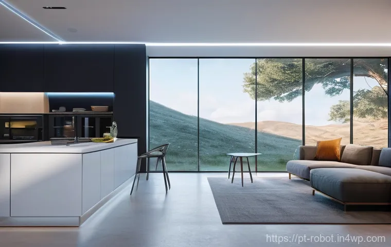 스마트 가전과 로봇의 융합 - **"Secure & Sustainable Haven":** A stylish, contemporary house exterior or interior view through a ...
