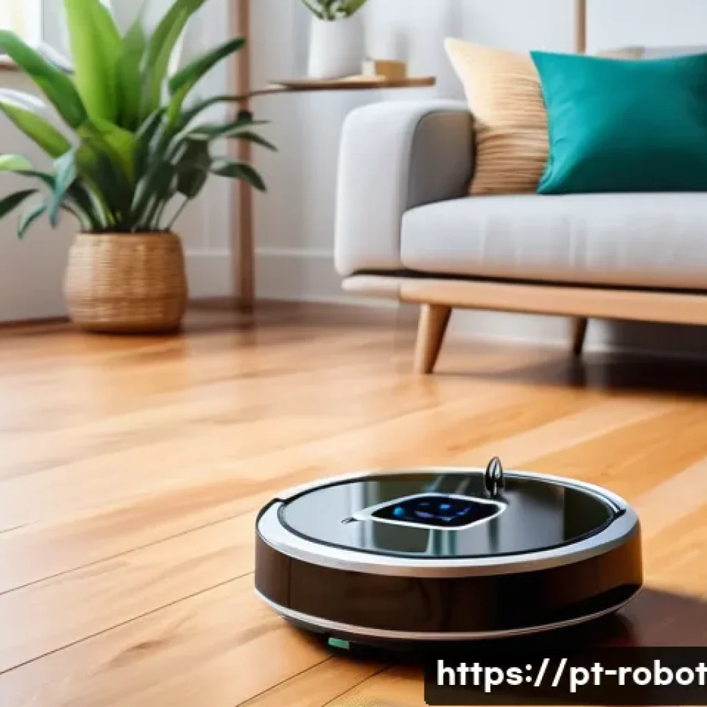 로봇 공학이 가정에 미치는 장점 - A modern Brazilian living room scene showcasing a sleek smart home robot vacuum cleaner operating au...