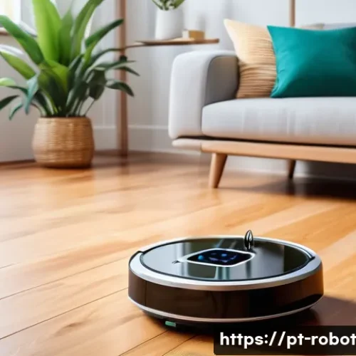 Home 33 로봇 공학이 가정에 미치는 장점 - A modern Brazilian living room scene showcasing a sleek smart home robot vacuum cleaner operating au...