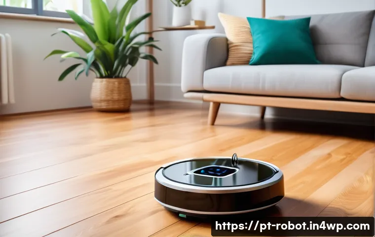 로봇 공학이 가정에 미치는 장점 - A modern Brazilian living room scene showcasing a sleek smart home robot vacuum cleaner operating au...