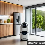 Home 20 AI 로봇과 가정의 미래 예측 - A modern Brazilian smart home interior showing a sleek domestic robot in action, wearing a subtle de...