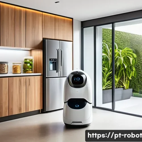 Home 32 AI 로봇과 가정의 미래 예측 - A modern Brazilian smart home interior showing a sleek domestic robot in action, wearing a subtle de...