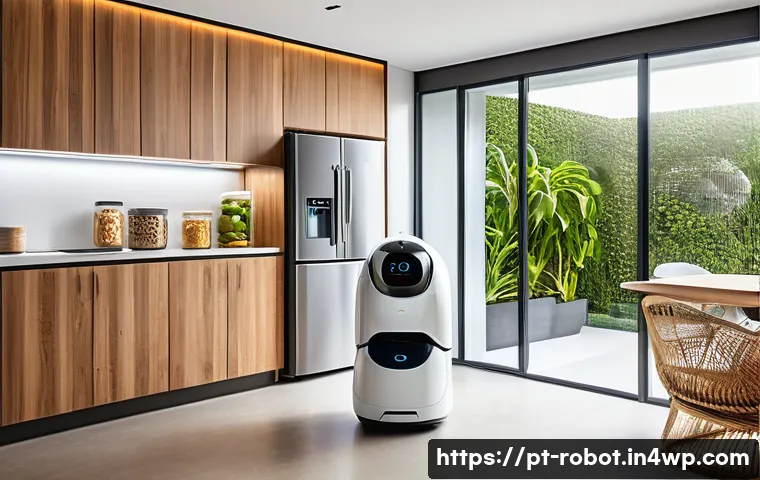 AI 로봇과 가정의 미래 예측 - A modern Brazilian smart home interior showing a sleek domestic robot in action, wearing a subtle de...