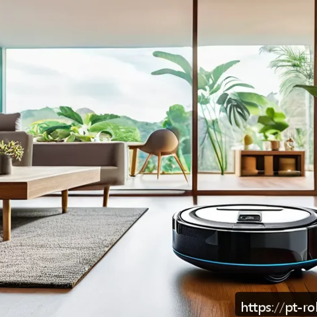 가정용 로봇의 기술적 발전 방향 - A modern Brazilian living room showcasing an advanced domestic robot vacuum cleaner autonomously nav...