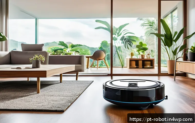 가정용 로봇의 기술적 발전 방향 - A modern Brazilian living room showcasing an advanced domestic robot vacuum cleaner autonomously nav...