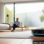 Home 18 로봇 공학과 가정의 새로운 동거 모델 - A modern, cozy living room with a sleek autonomous vacuum robot navigating smoothly across polished ...