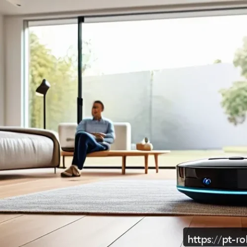 Home 30 로봇 공학과 가정의 새로운 동거 모델 - A modern, cozy living room with a sleek autonomous vacuum robot navigating smoothly across polished ...