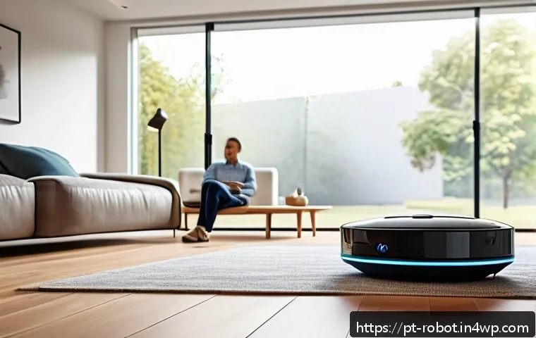 로봇 공학과 가정의 새로운 동거 모델 - A modern, cozy living room with a sleek autonomous vacuum robot navigating smoothly across polished ...