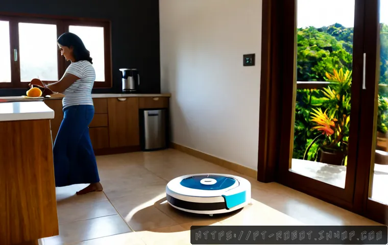 Home 17 가정에서 로봇 활용의 효과성 - Photorealistic bright Brazilian family kitchen, a compact white home robot vacuum efficiently cleani...
