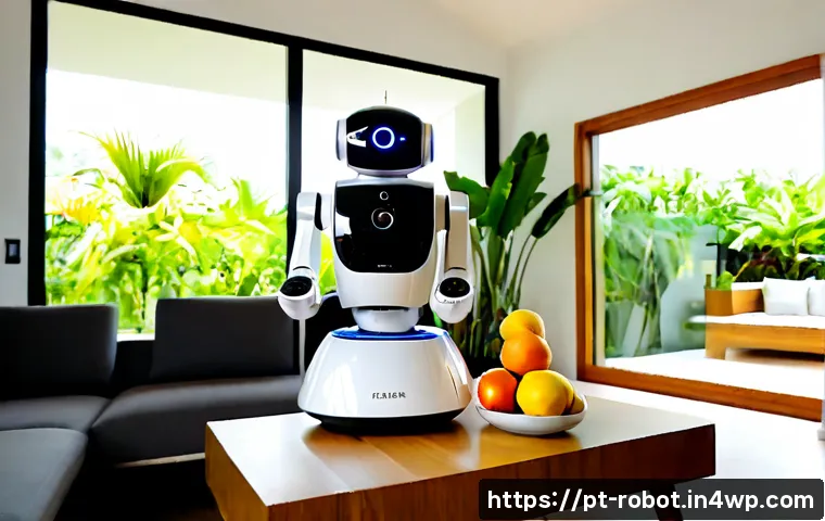 Home 17 스마트 스피커와 로봇의 통합 활용 - Photorealistic bright Brazilian family living room, a compact white home robot assisting an older wo...