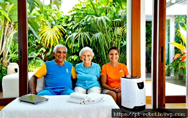 Home 17 가정에서의 로봇 서비스의 필요성 - Photorealistic warm Brazilian home interior, a friendly compact home service robot carrying a tray o...